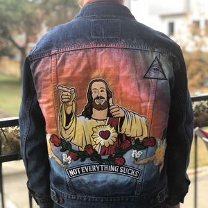 Denim jacket handpainted Buddy Jesus patches
